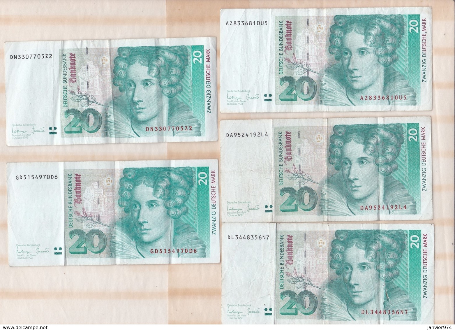 5 Billets De 20  Deutsche Mark 1993 - 20 Deutsche Mark