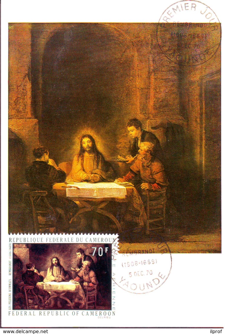 Emmaus' Pilgrims,  Painting By Rembrandt,  Maximum Card Of Cameroun 1970 - Cameroun (1960-...)