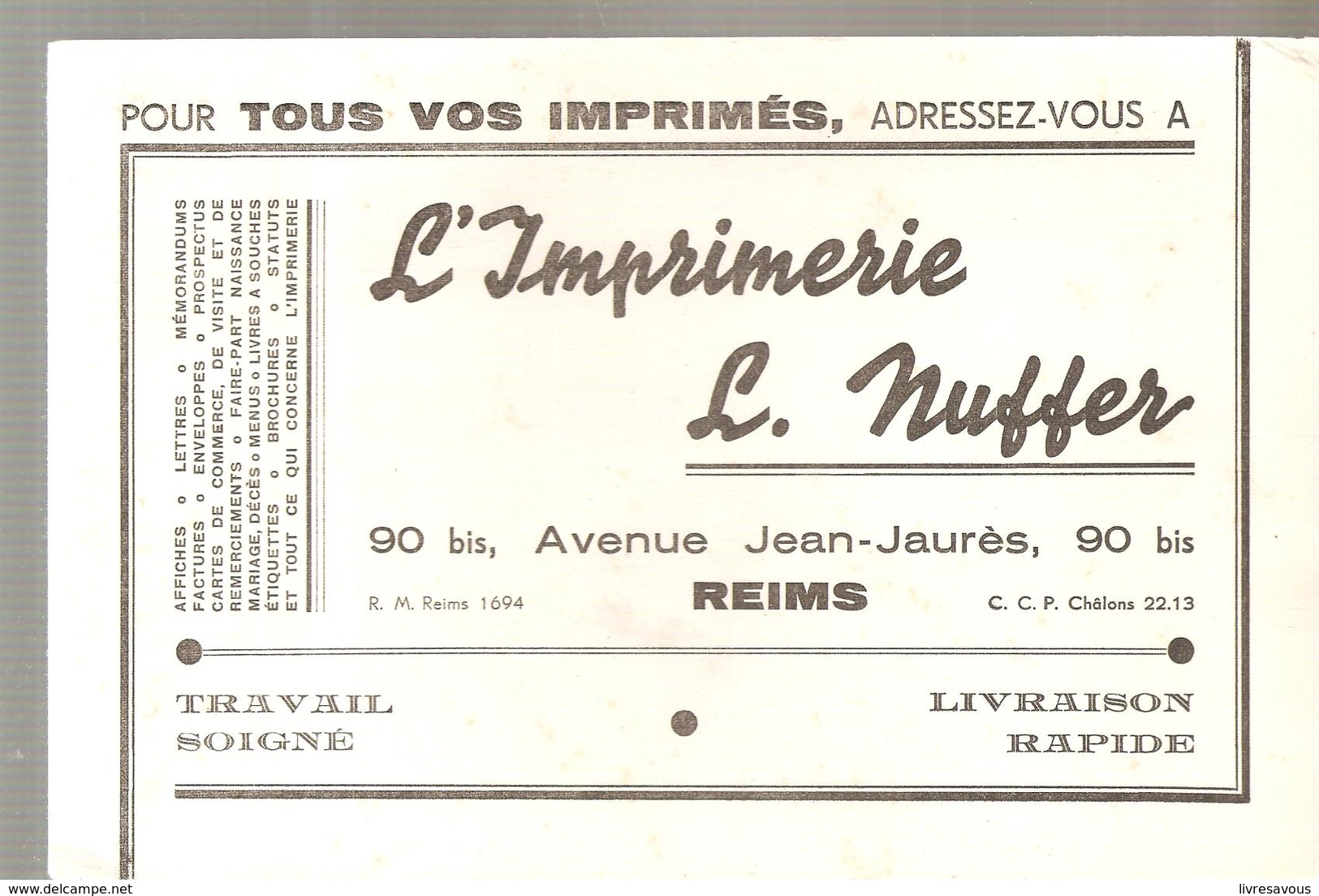 Buvard Imprimerie L. NUFFER 90 Bis, Rue Jean Jaurès à REIMS - Papeterie