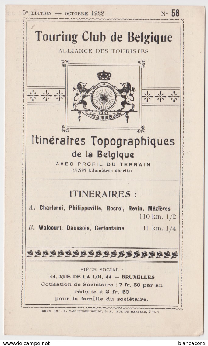 Itinéraires Touring Club De Belgique 1922 Charleroi Philippeville Rocroi Revin Mézières Walcourt Daussois Cerfontaine - Non Classés