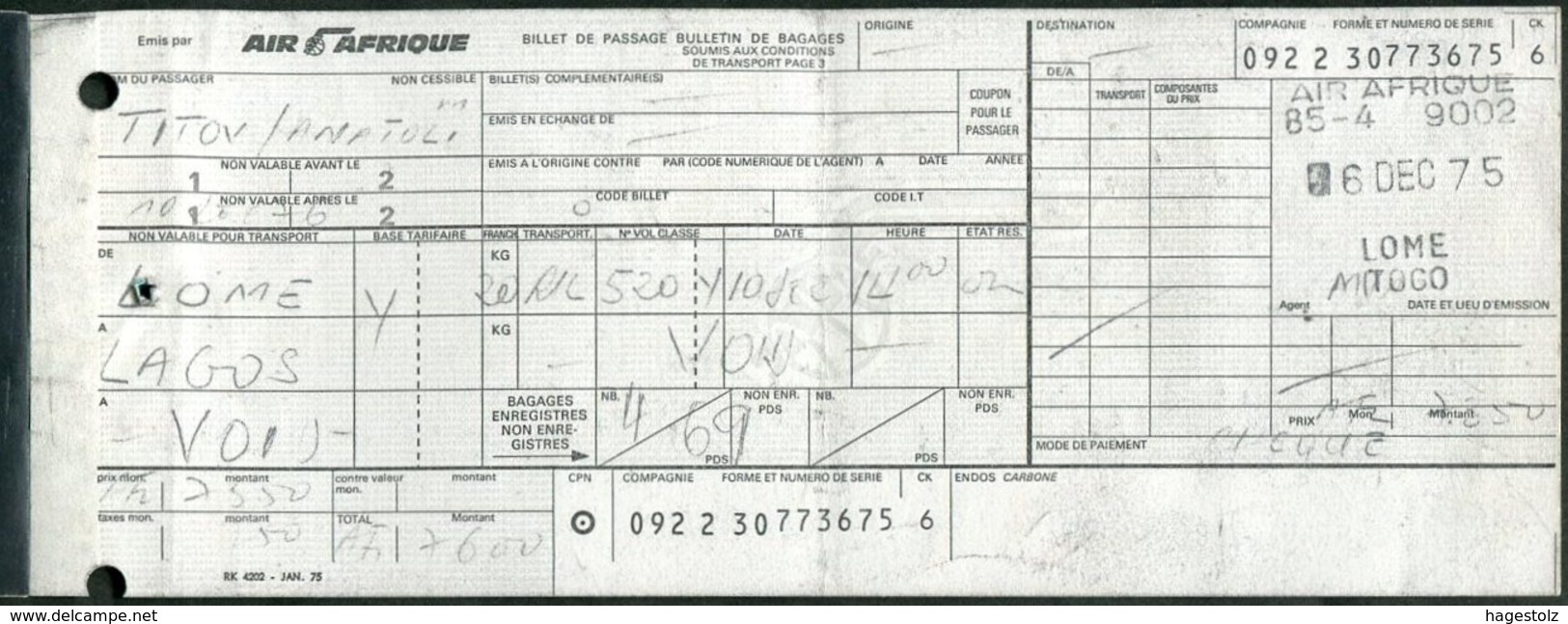 Côte D'Ivoire Ivory Coast 1975 AIR AFRIQUE Airline Air Passenger Ticket Billet D'avion Togo Airport Tax Fiscal Revenue - Mundo