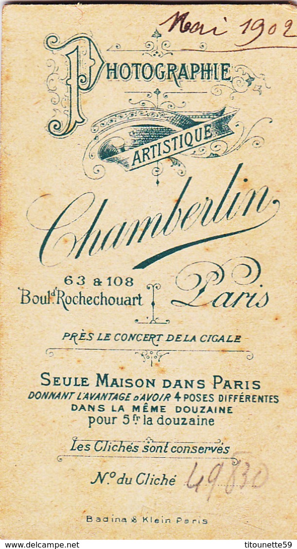 PHOTO ORIGINALE 1902-Jolie FILLETTE Avec Sa RAQUETTE (THERESE)-PETITE CDV-Dim. 8cm X 4,5cm-PHOTO CHAMBERLIN Paris - Autres & Non Classés