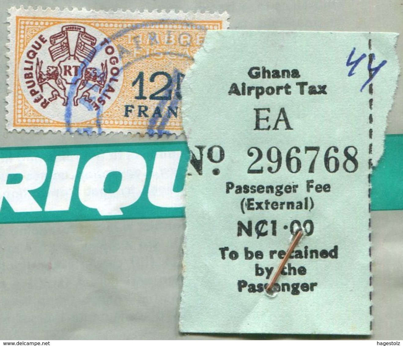 Côte D'Ivoire Ivory Coast 1970 AIR AFRIQUE Airline Passenger Ticket Billet D'avion Ghana Togo AIRPORT TAX Fiscal Revenue - Monde
