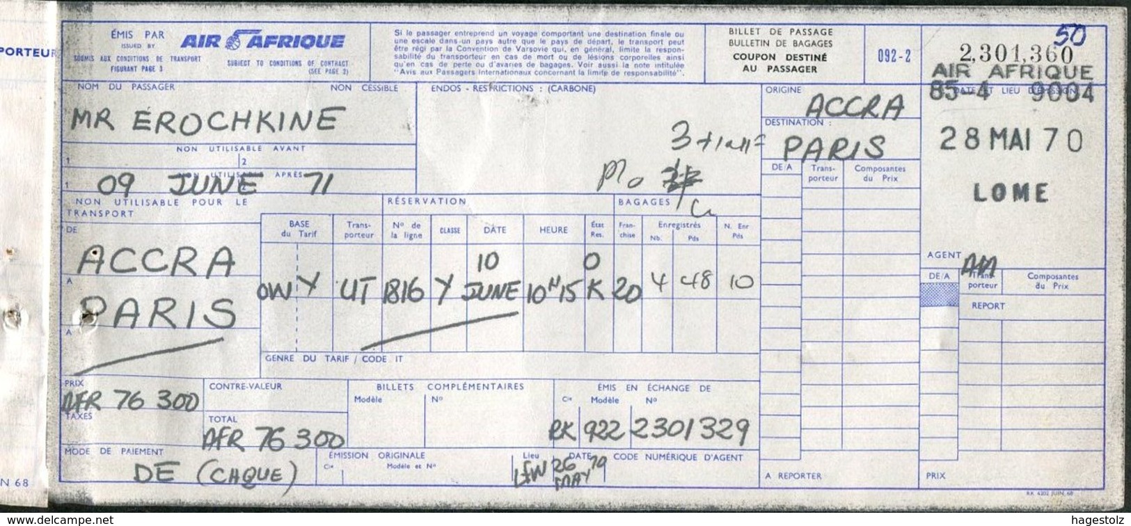 Côte D'Ivoire Ivory Coast 1970 AIR AFRIQUE Airline Passenger Ticket Billet D'avion Ghana Togo AIRPORT TAX Fiscal Revenue - Monde