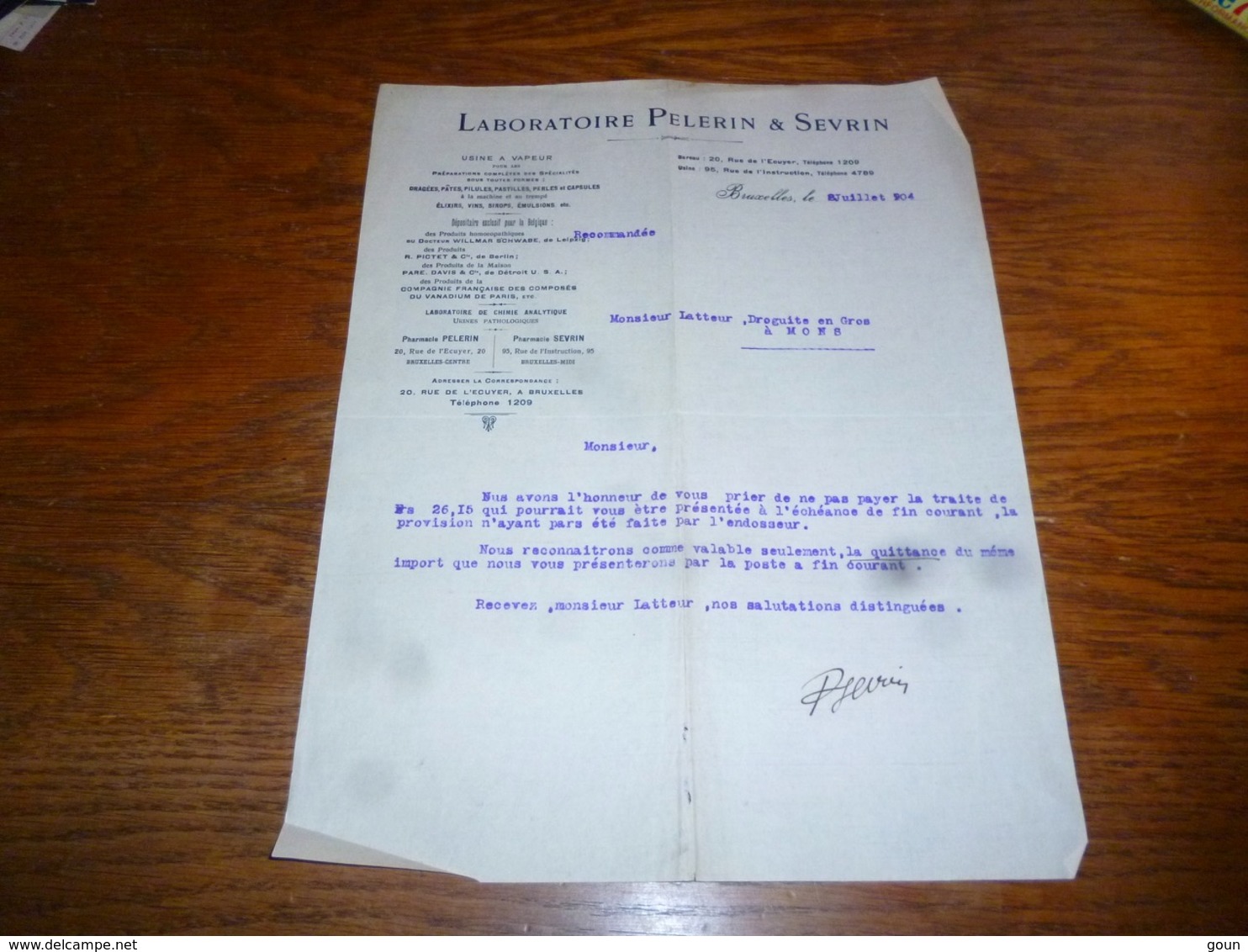 FF5  Document Commercial Facture Laboratoire Pelerin Et Sevrin Bruxelles 1904 - 1900 – 1949