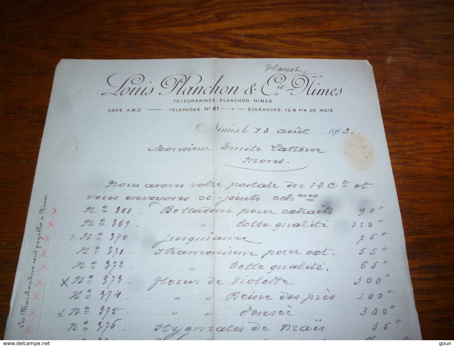 FF5  Document Commercial Facture  Louis Planchon Nimes 1903 - 1900 – 1949
