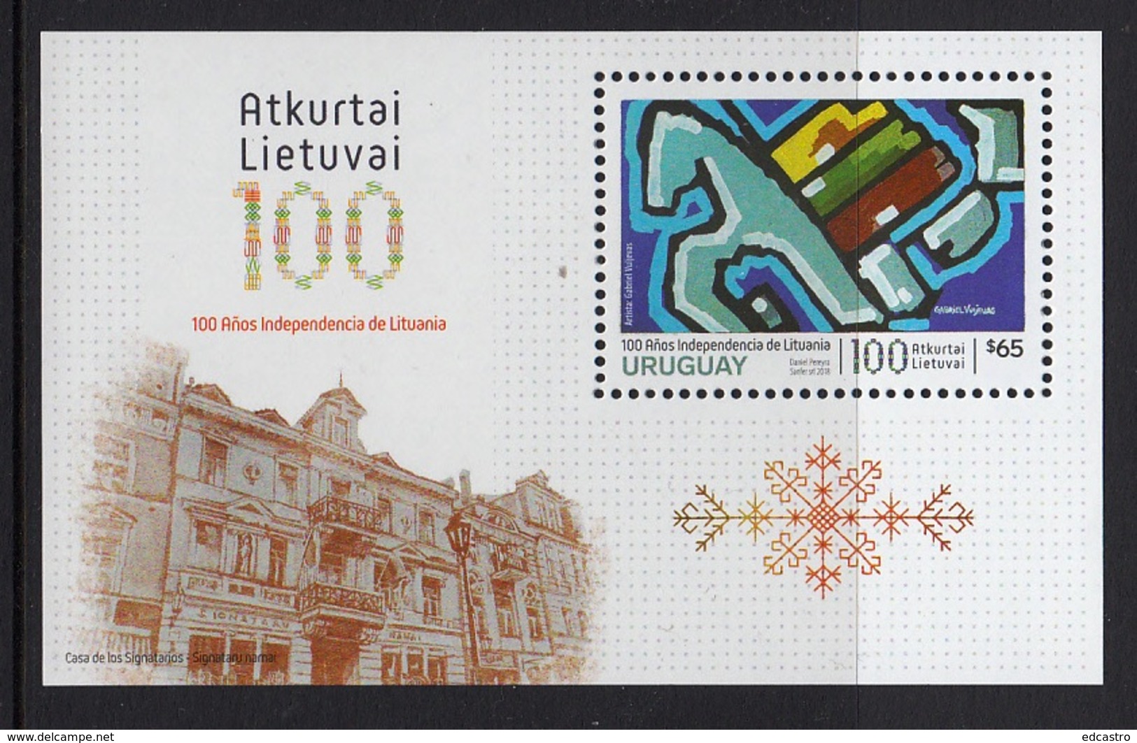 9.- URUGUAY 2018 LITHUANIA INDEPENDECE - 100 YEARS ANNIVERSARY - Uruguay