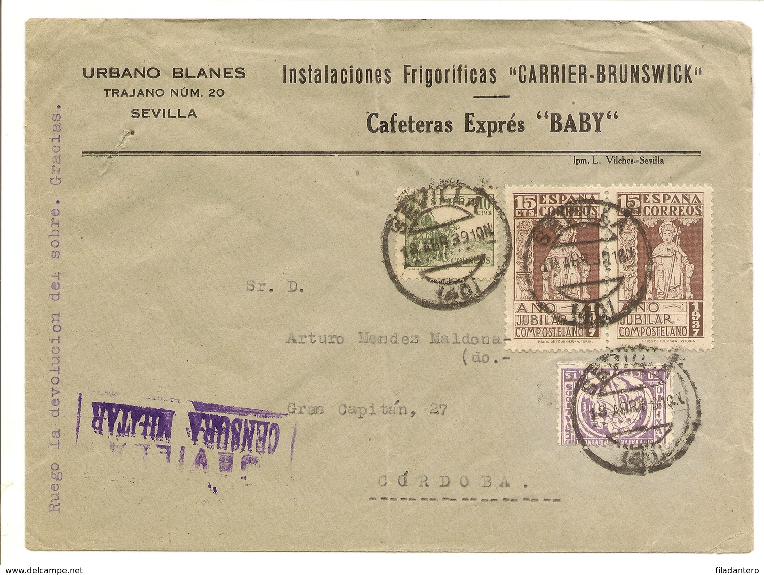 Historia Postal España  Andalucia  Carta Sevilla-Cádiz  1939  NL1296 - Lettres & Documents