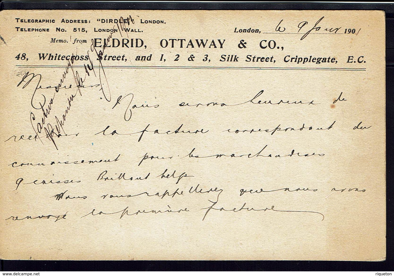 GR-BRETAGNE - 1901 - Timbre 1 Penny Perforé E Collé Sur Entier Postal, Repiquage Au Verso "Eldrid Ottaway..." De London. - Entiers Postaux