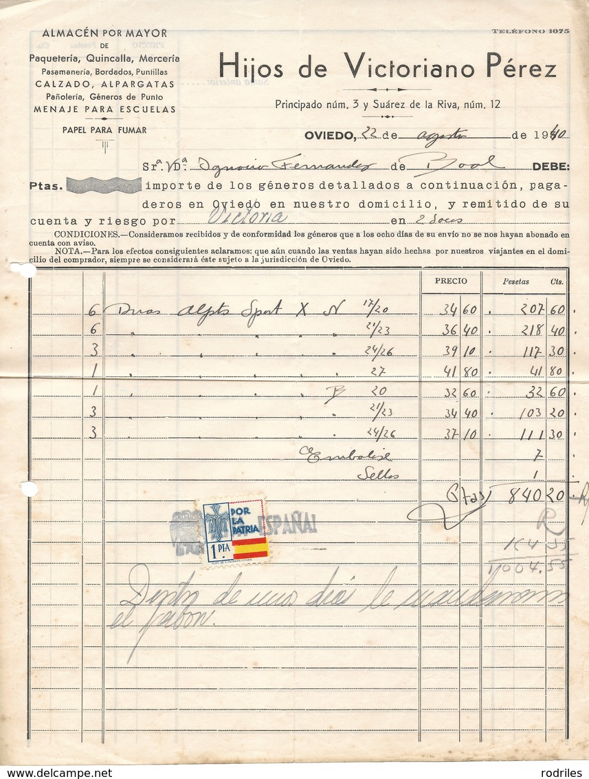 España. Factura Fechada En Oviedo Con Sello Local De 1 Pta - Lettres & Documents