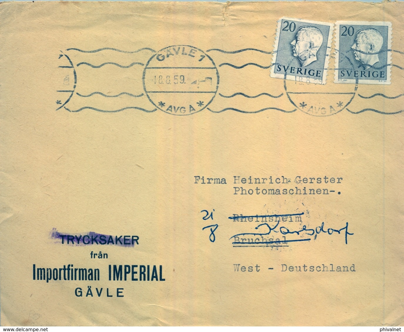 1959, SUECIA , SOBRE CIRCULADO , GAVLE - BRUCHSAL - Cartas & Documentos