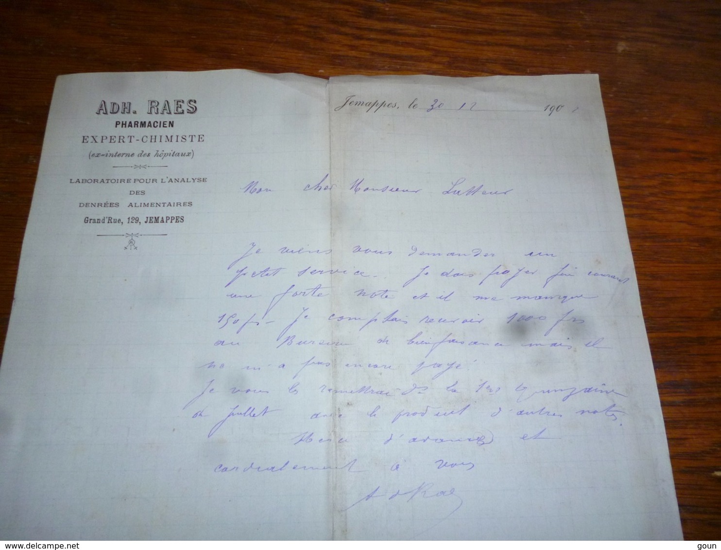 FF5  Document Commercial Facture Adh Raes Pharmacien Jemappes 1902 - 1900 – 1949