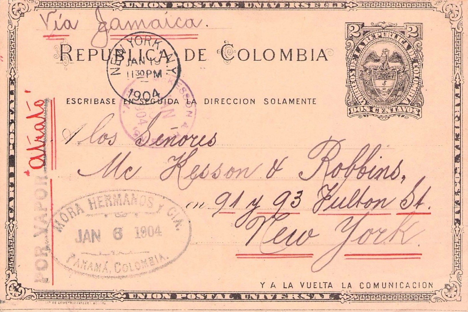 COLOMBIA - POSTCARD DOS CENTAVOS 1904 PANAMA -> USA - Colombia