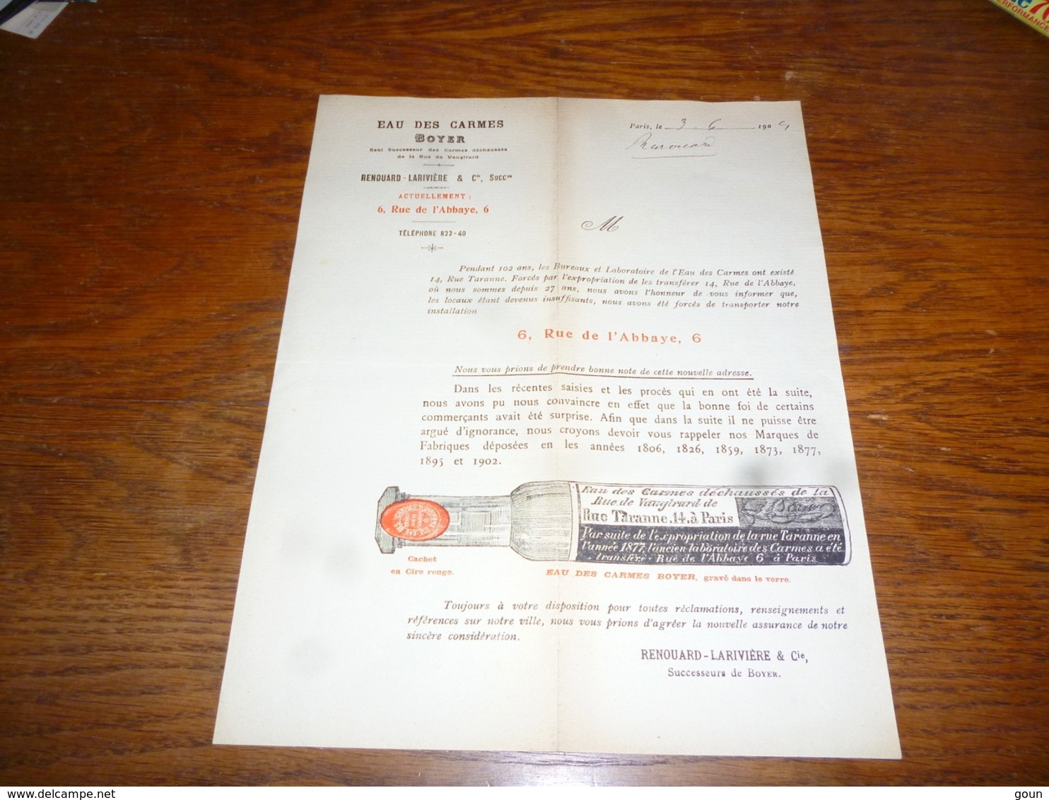 FF5  Document Commercial Facture Renouard Larivière Paris 1904 Eau Des Carmes Boyer - 1900 – 1949