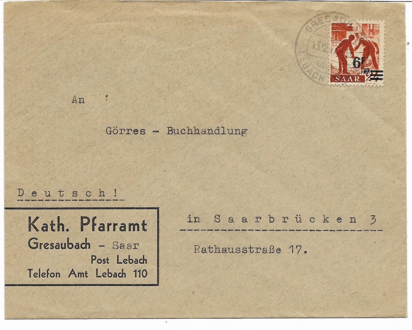 SAAR-SARRE- N° 223A  -24p Surchargè 6F (papier Jaunatre) Seul S/lettre Cachet GRESAUBACH-LEBACH 13.12.47 Voir Scan - Briefe U. Dokumente