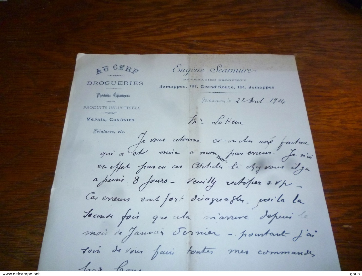 FF5  Document Commercial Facture Eugène Scarmure Au Cerf Jemappes Pharmacien Droguiste - 1900 – 1949