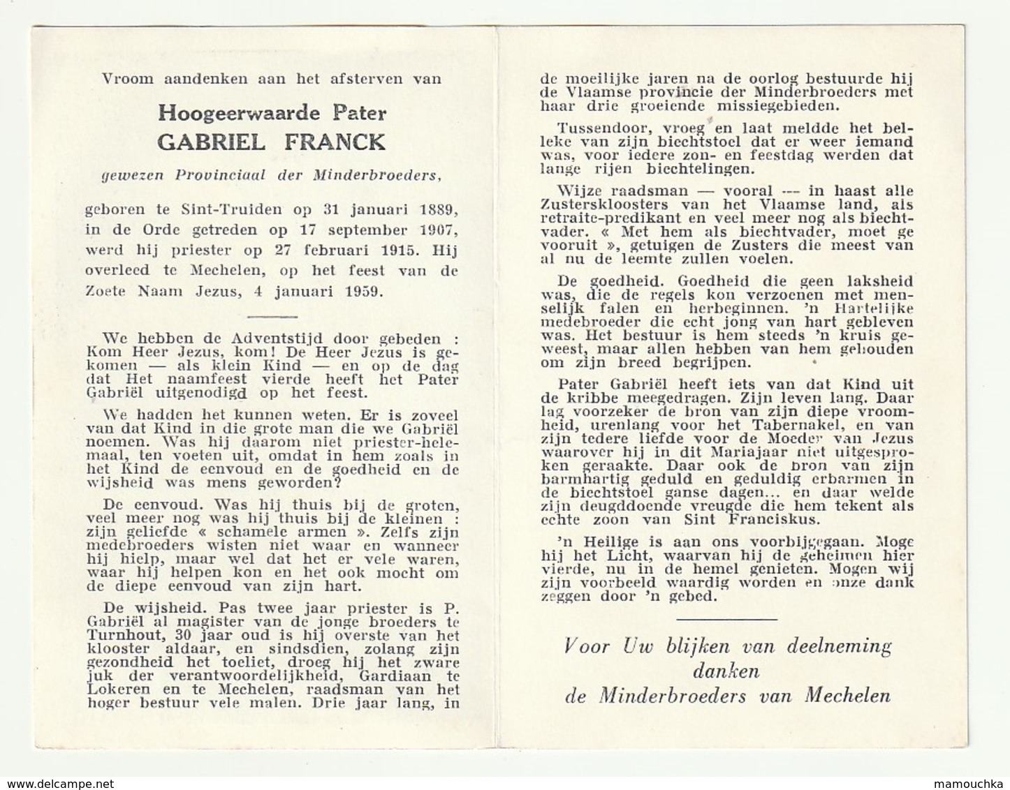 Doodsprentje Pater Gabriel Franck Minderbroeder Sint-Truiden 1889 Mechelen 1959 - Images Religieuses