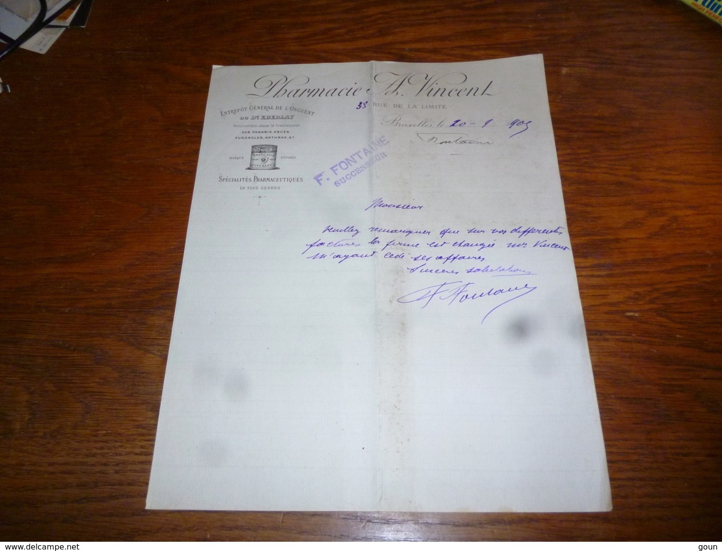 FF5  Document Commercial Facture Pharmacie A Vincent Bruxelles Onguent Du Dr Eberlay 1903 - 1900 – 1949