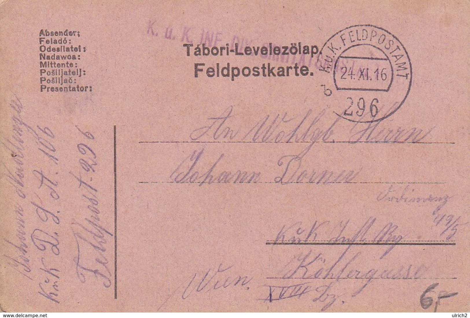 Feldpostkarte K.u.k. Inf. Div. Sanitätsanstalt - 1916 (38795) - Briefe U. Dokumente