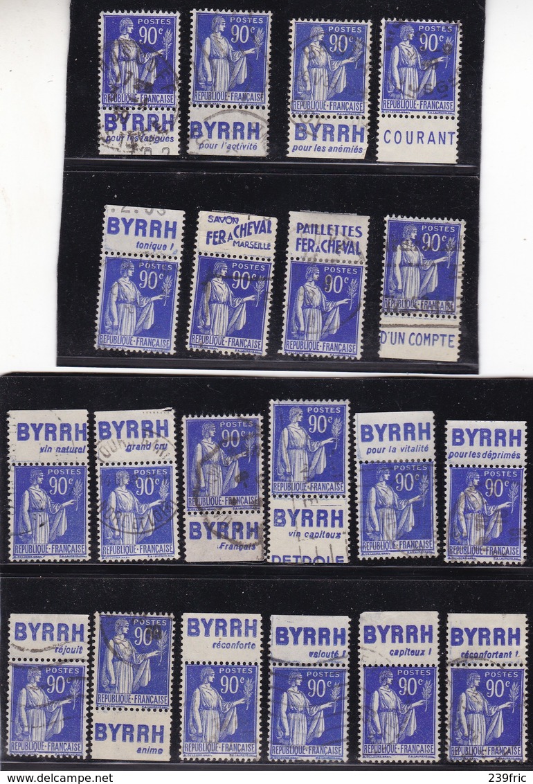 PUBLICITE : PAIX 90C BLEU LOT DE 20 OBLITERES BYRRH/CCP/FER A CHEVAL ACCP COTE:60E+ TRES BEAUX - Other & Unclassified