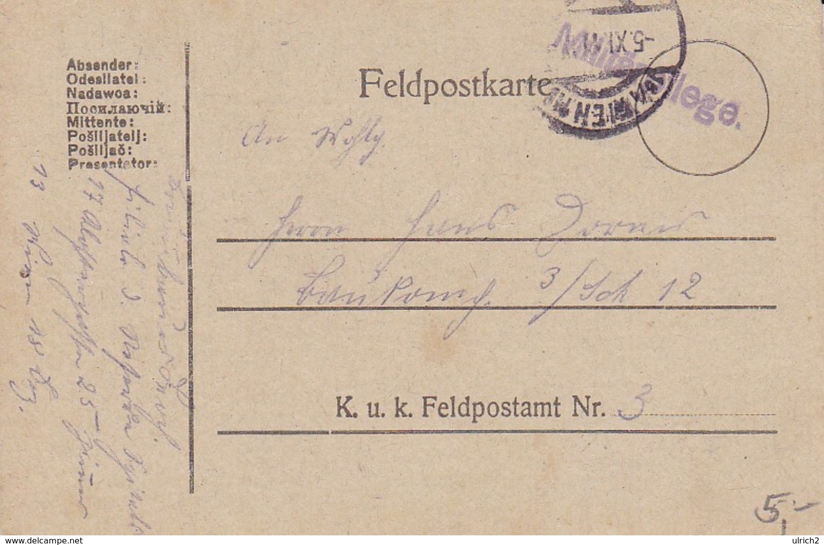 Feldpostkarte Militärpflege Wien 18 Nach Feldpost 3 - 1917 (38796) - Briefe U. Dokumente