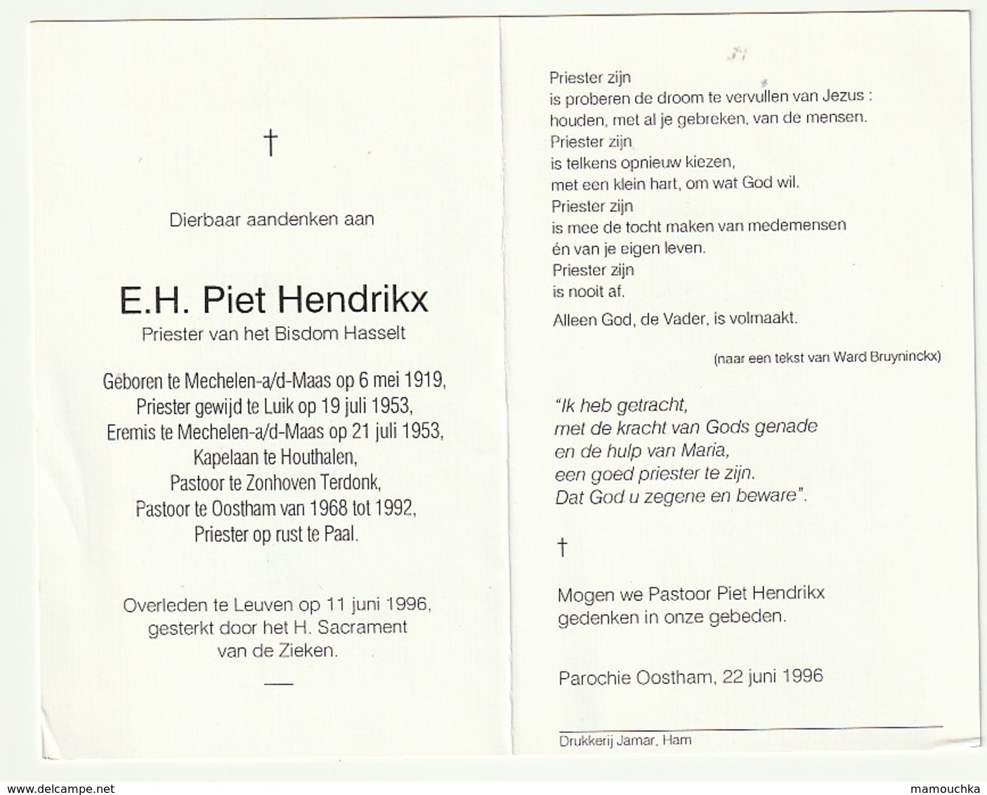 Dp. Piet HENDRIKX Priester Bisdom Hasselt Mechelen A/d/ Maas Luik Houthalen Zonhoven Terdonk Oostham Paal Leuven 1996 - Images Religieuses