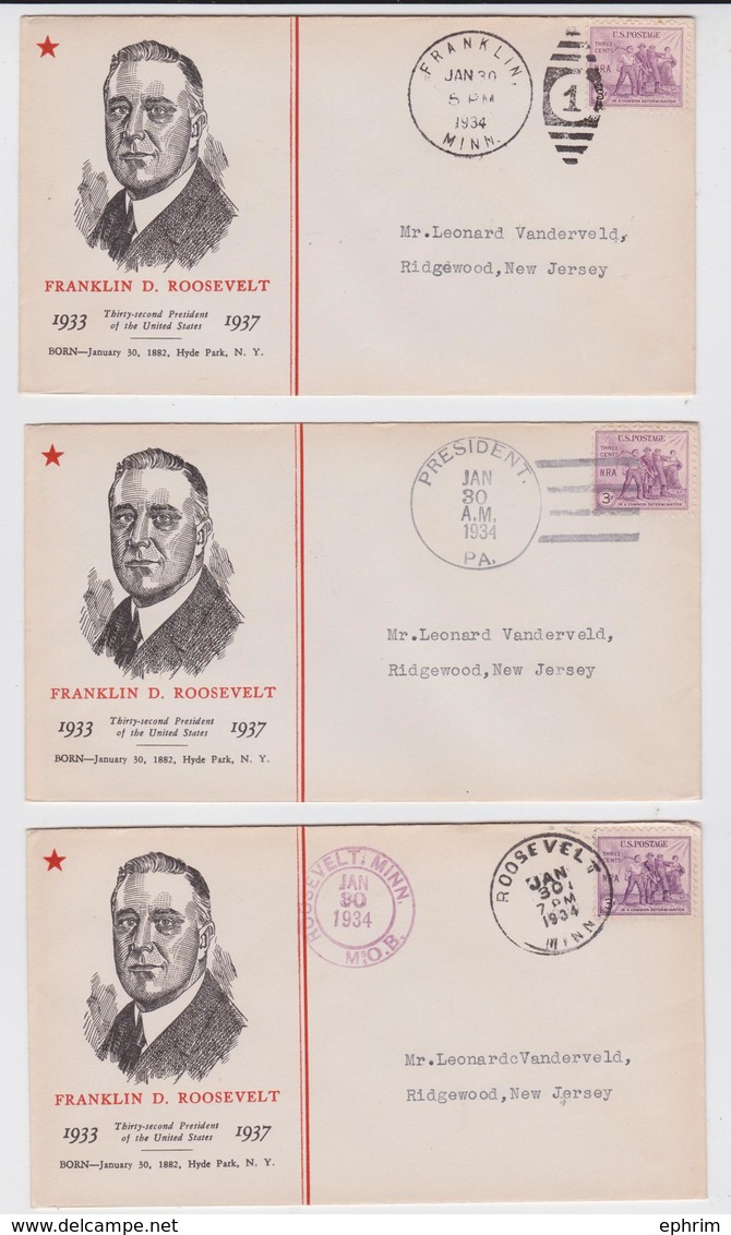 PRESIDENT FRANKLIN D. ROOSEVELT 1933-1937 BORN IN HYDE PARK COMMEMORATIVE COVER FOR RIDGEWOOD NEW JERSEY LOT OF 3 COVERS - Enveloppes évenementielles