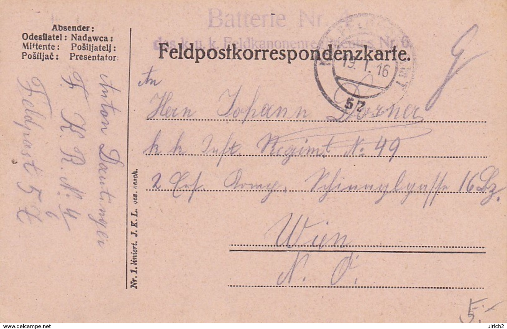 Feldpostkarte Batterie Nr. 4 Des K.u.k. Feldkanonenregimentes Nr. 6 Nach Wien - 1916 (38802) - Brieven En Documenten