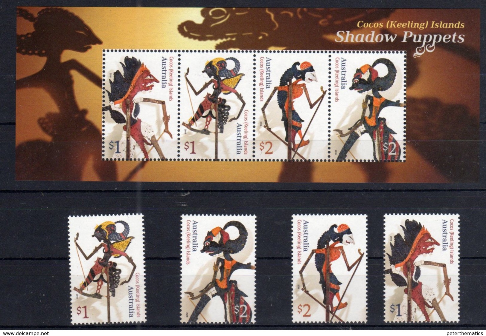 COCOS ISLANDS, 2018, MNH, CULTURES, PUPPETS, 4v+SHEETLET - Marionnettes