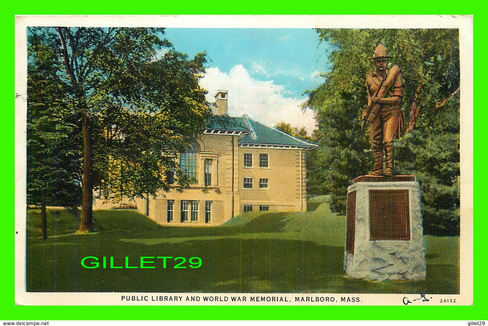 MALBORO, MA - PUBLIC LIBRARY AND WORLD WAR MEMORIAL - TRAVEL - AMERICAN ART POST CARD CO - - Autres & Non Classés