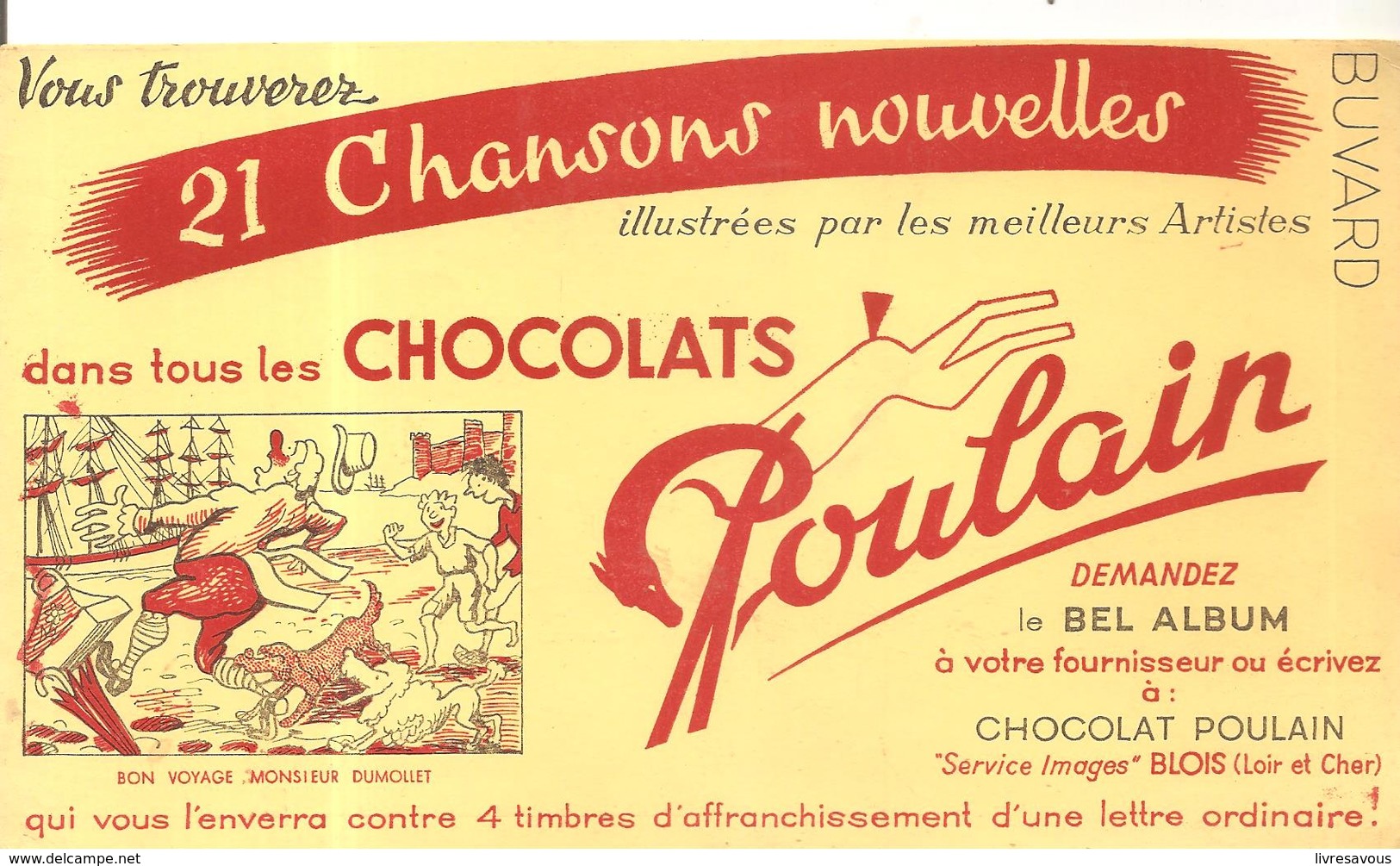 Buvard Poulain 21 Chansons Nouvelles Dans Tous Les Chocolats Bon Voyage Monsieur Dumolet - Chocolat