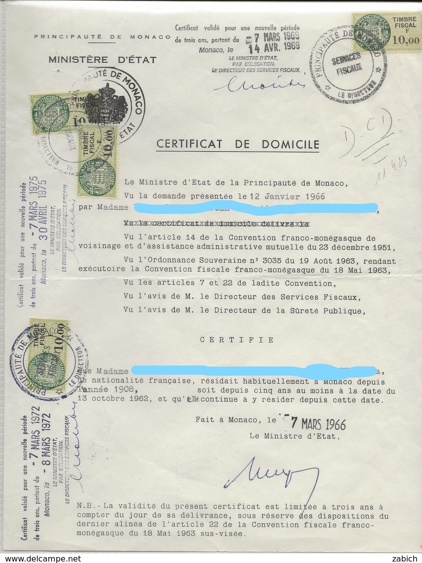 FISCAUX  MONACO SERIE UNIFIEE  4 Timbres Sur Certificat De Domicile De 1966 à 1975 - Revenue