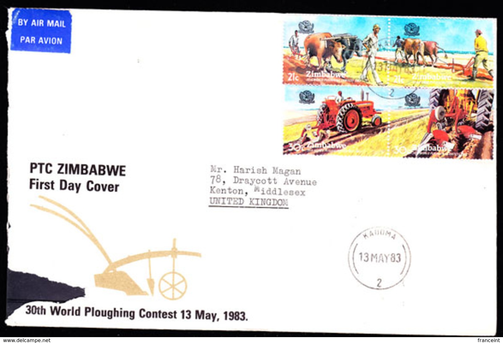 ZIMBABWE (1983) World Ploughing Contest.  FDC Addressed To The UK.  Scott Nos 462-3. - Zimbabwe (1980-...)