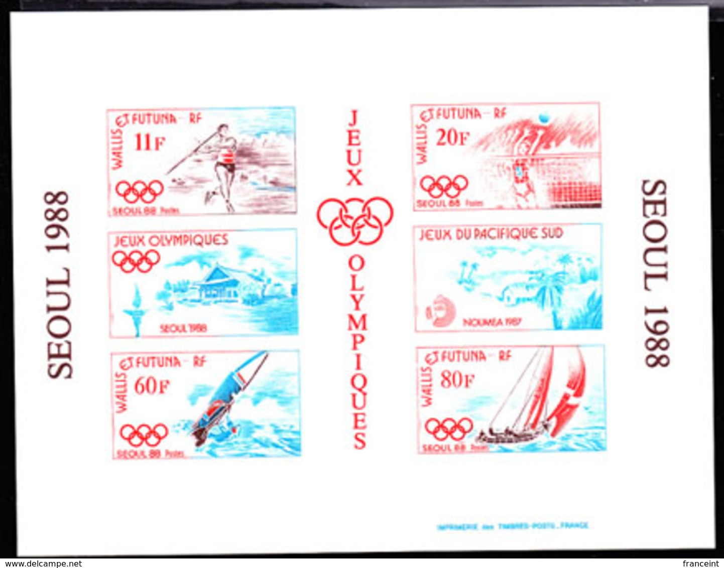 WALLIS & FUTUNA (1988) Javelin. Volleyball. Sailing. Windsurfing. Compound Deluxe Sheet Of 4 With 2 Labels. Sc 375a - Non Dentelés, épreuves & Variétés