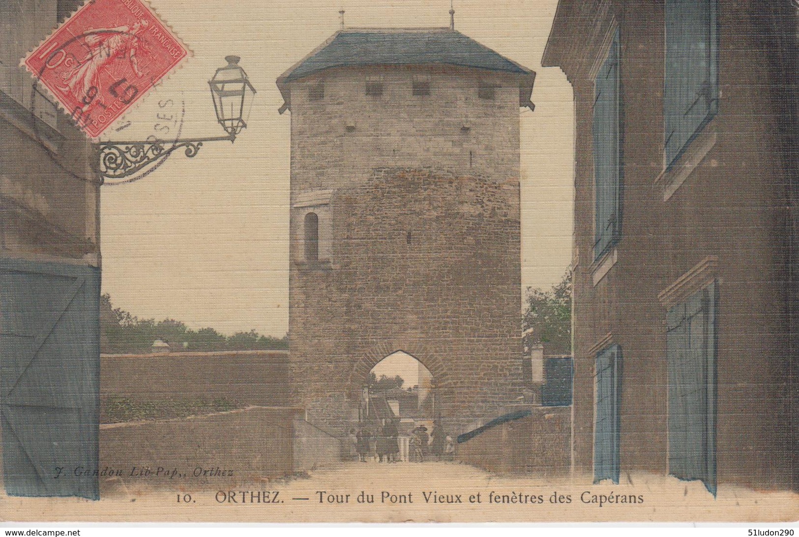 CPA Toilée Orthez - Tour Du Pont Vieux Et Fenêtres Des Capérans (avec Petite Animation) - Orthez