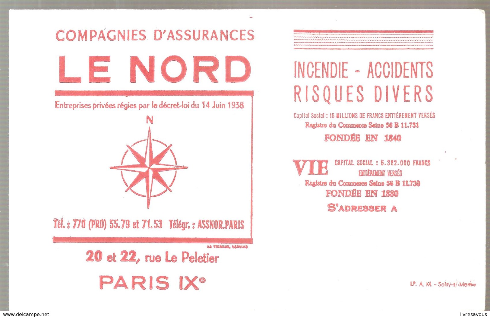 Buvard LE NORD Compagnies D'assurances 20 Et 22 Rue Le Peletier Paris IX ème Couleur Rouge - Banque & Assurance