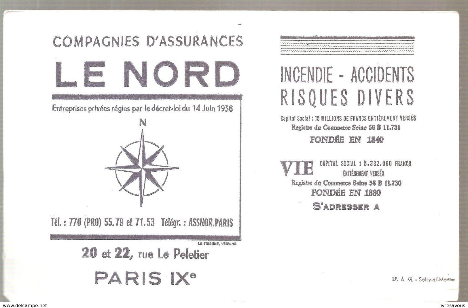 Buvard LE NORD Compagnies D'assurances 20 Et 22 Rue Le Peletier Paris IX ème Couleur Bleue - Banque & Assurance