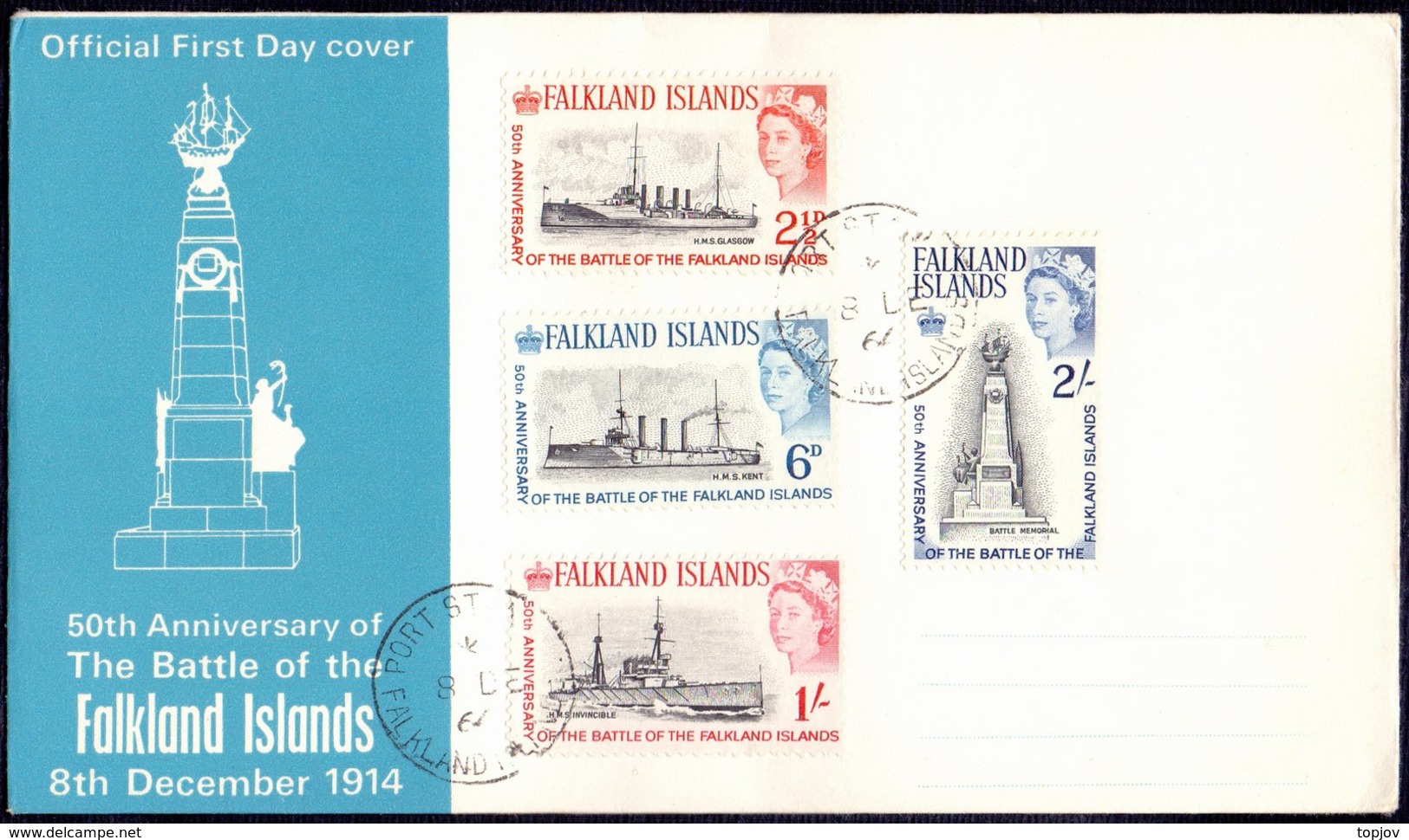 FALKLAND ISLANDS - Battle Ships ; GLASGOW, KENT, INVINCIBLE -MONUMENT  - FDC - 1964 - Boten
