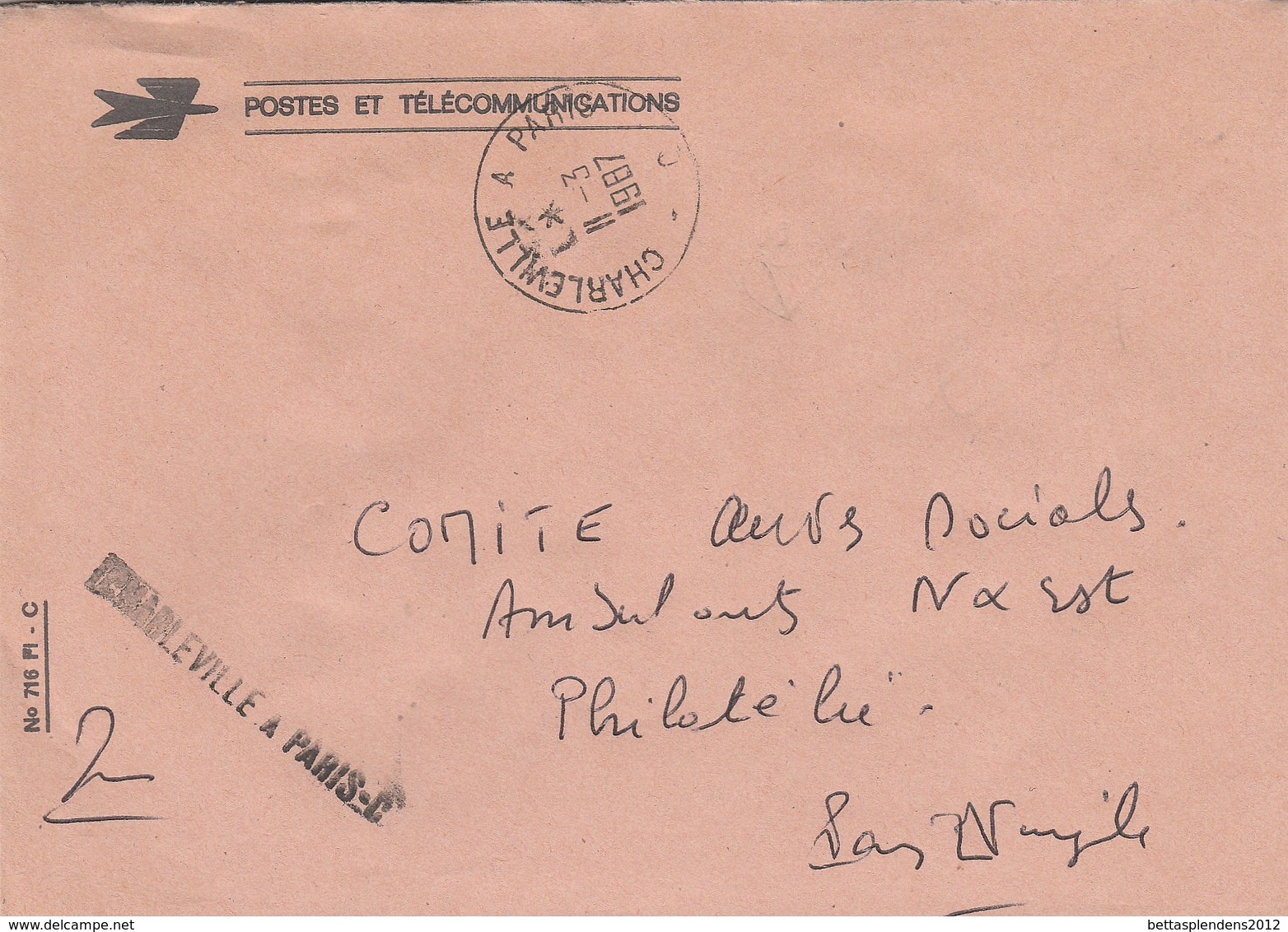 LSC 1987 - AMBULANT - Cachet Et Griffe CHARLEVILLE  à  PARIS  C - Railway Post