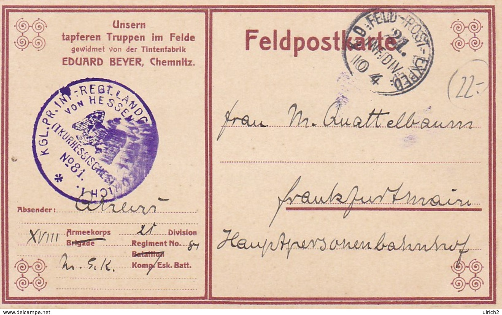 Feldpostkarte - Tintenfabrik Beyer, Chemnitz - Feldpost Kgl. Pr. Inf. Regt. Landgraf Friedrich Von Hessen -1. WK (38828) - Briefe U. Dokumente