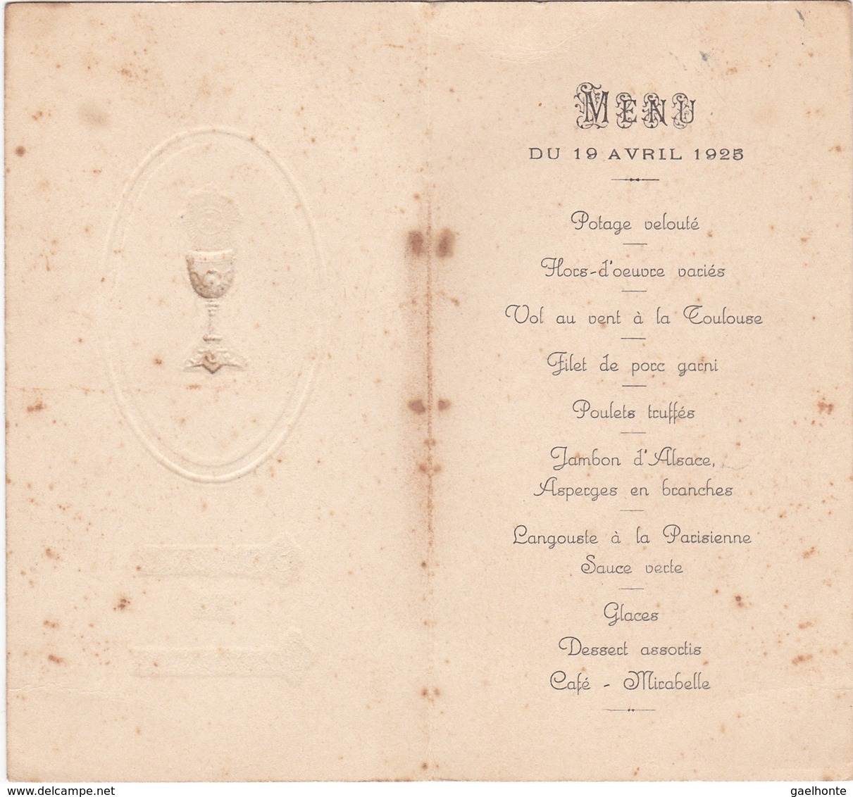 D155 SOUVENIR DE COMMUNION - MENU DU 19 AVRIL 1925 - 1er VOLET GAUFFRE - Communion