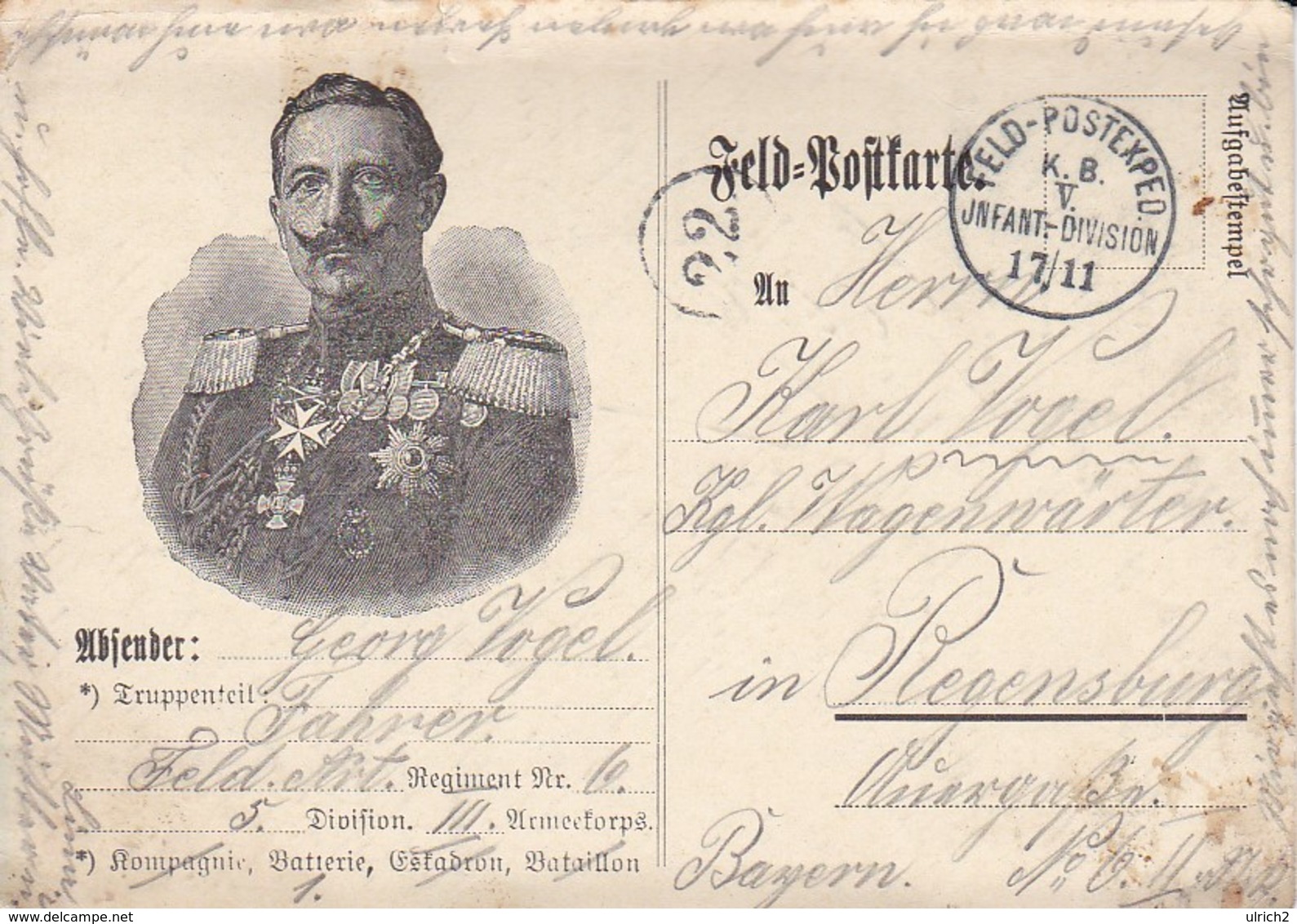 Feldpostkarte - Kaiser Wilhelm II. - Feld-Art. Regt. 6 Nach Regensburg - 1914 (38829) - Briefe U. Dokumente