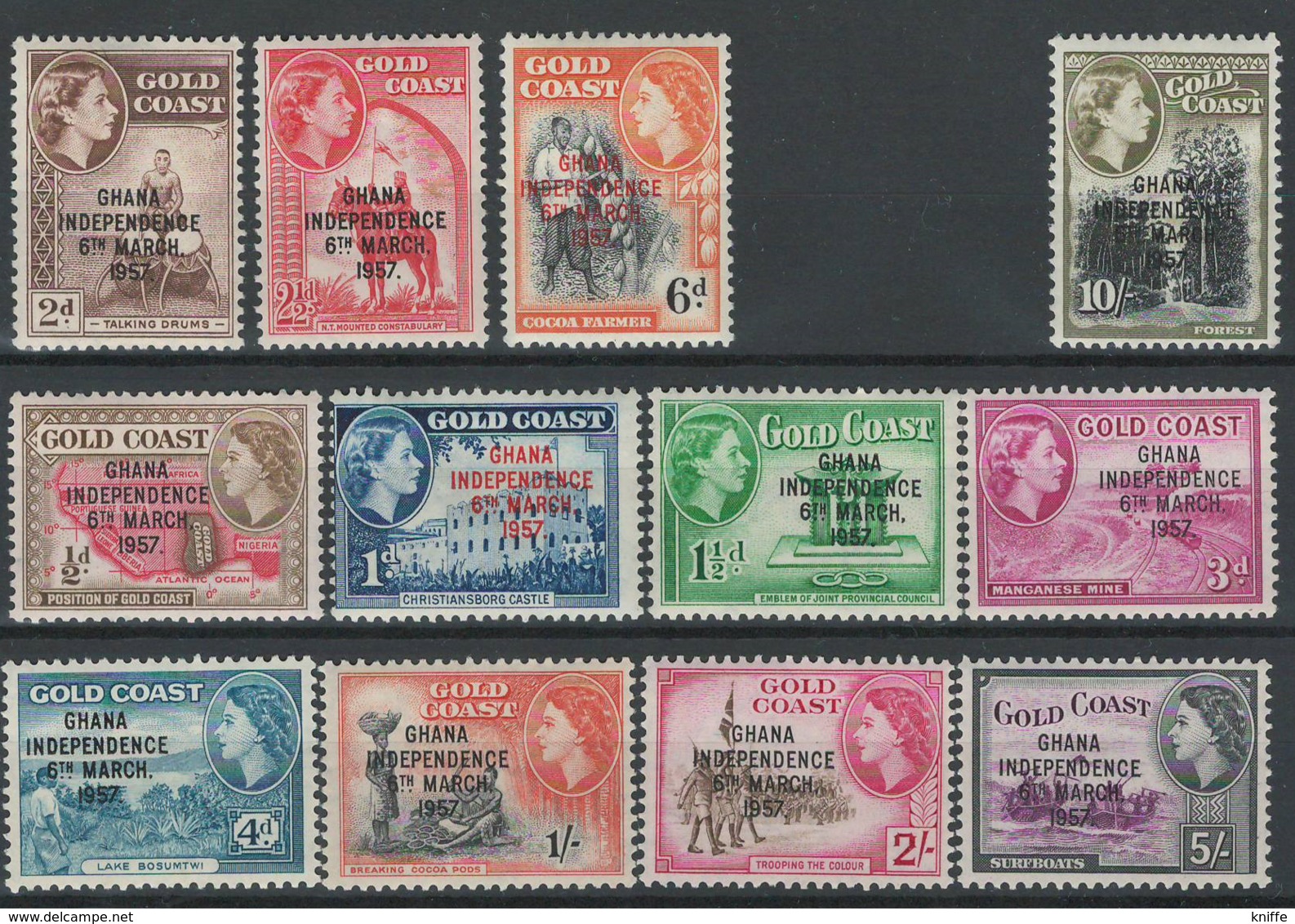 Ghana, 1957 Queen Elizabeth Stamps Of 1952 Of Gold Coast Overprinted - MNH + Mint Light Hinged - BJ-04 - Ghana (1957-...)