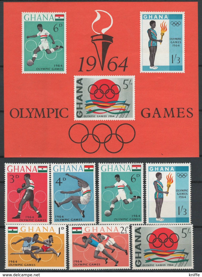 Ghana, 1964 Olympic Games - Tokyo, Japan - Stamps + Minisheet - MNH - BJ-46 - Ghana (1957-...)