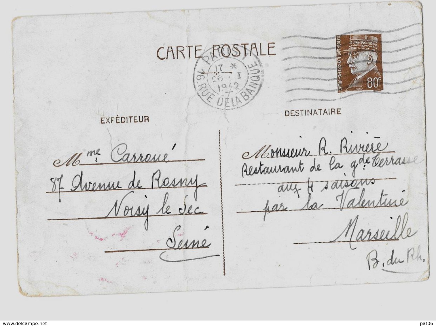 PARIS - Bureau N°1 « 16 Rue De La Banque » Correspondance Interzone  CPE Ordinaire - Tarif à 80c. (4.1.1942/28.2.1942) - Cartes Postales Types Et TSC (avant 1995)