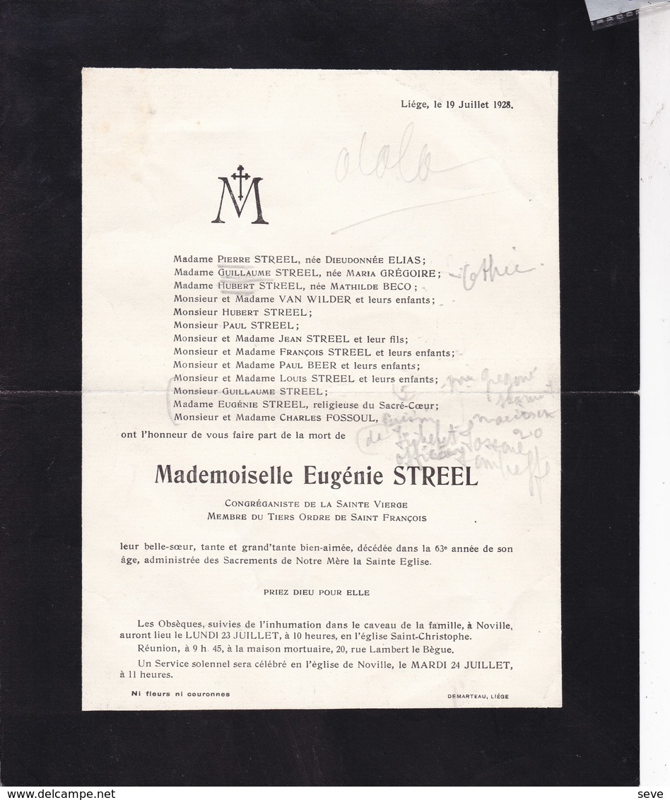 LIEGE NOVILLE Eugénie STREEL 63 Ans 1928 Famille GREGOIRE De BECO Faire-part Mortuaire - Décès