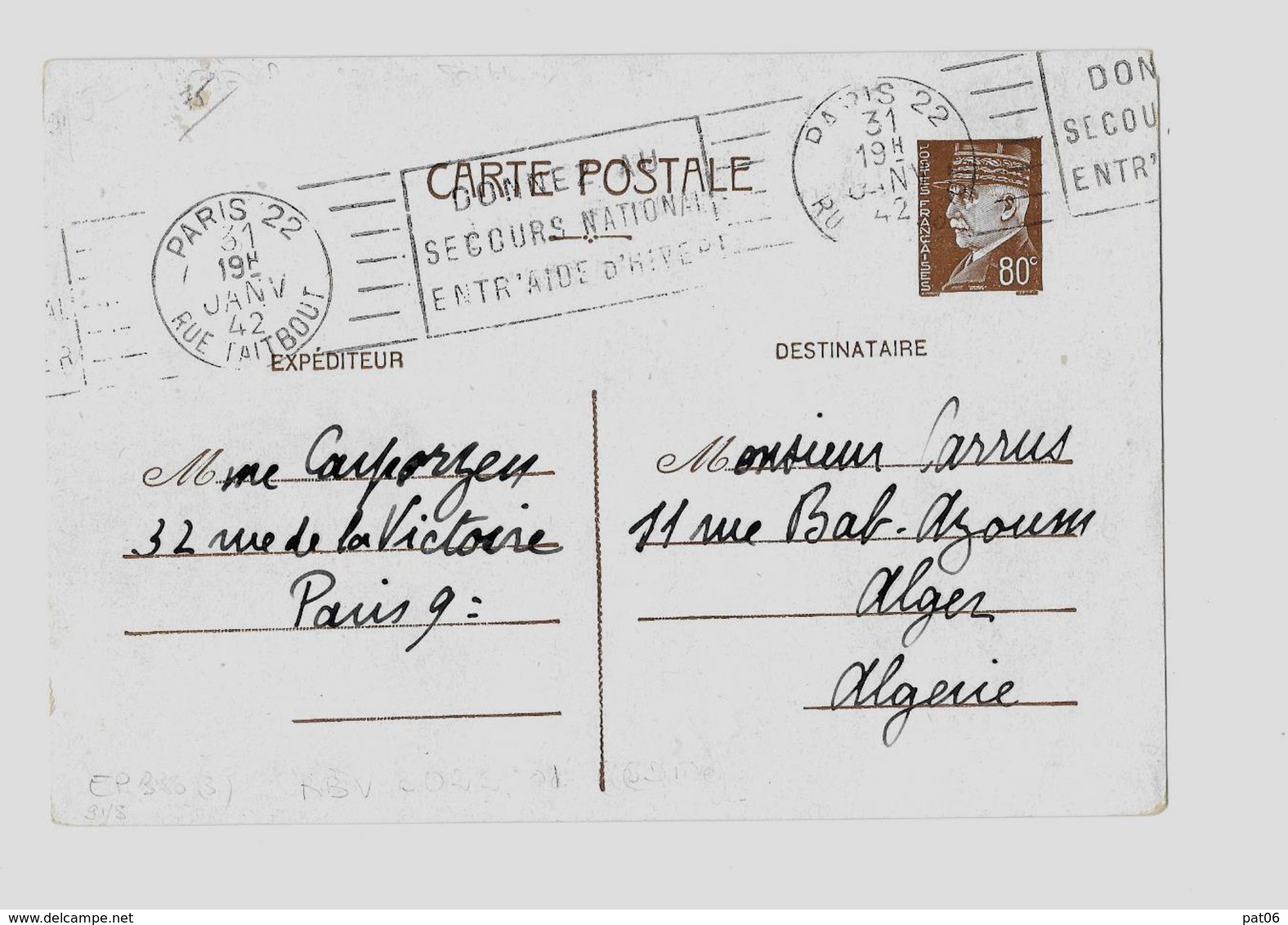 PARIS – Bureau N°22 « RUE TAITBOUT »  *  Correspondance Interzones  *  CPI Ordinaire - Tarif 80c. (4.1.1942/28.2.1942) - Pseudo-entiers Officiels