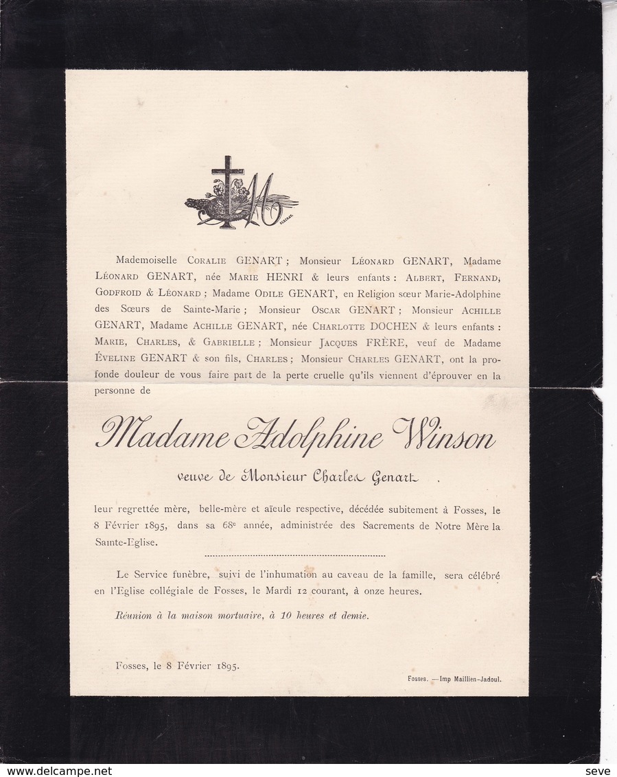 FOSSES Veuve Charles GENART Née Adolphine WINSON 68 Ans 1895 Famille DOCHEN FRERE - Décès