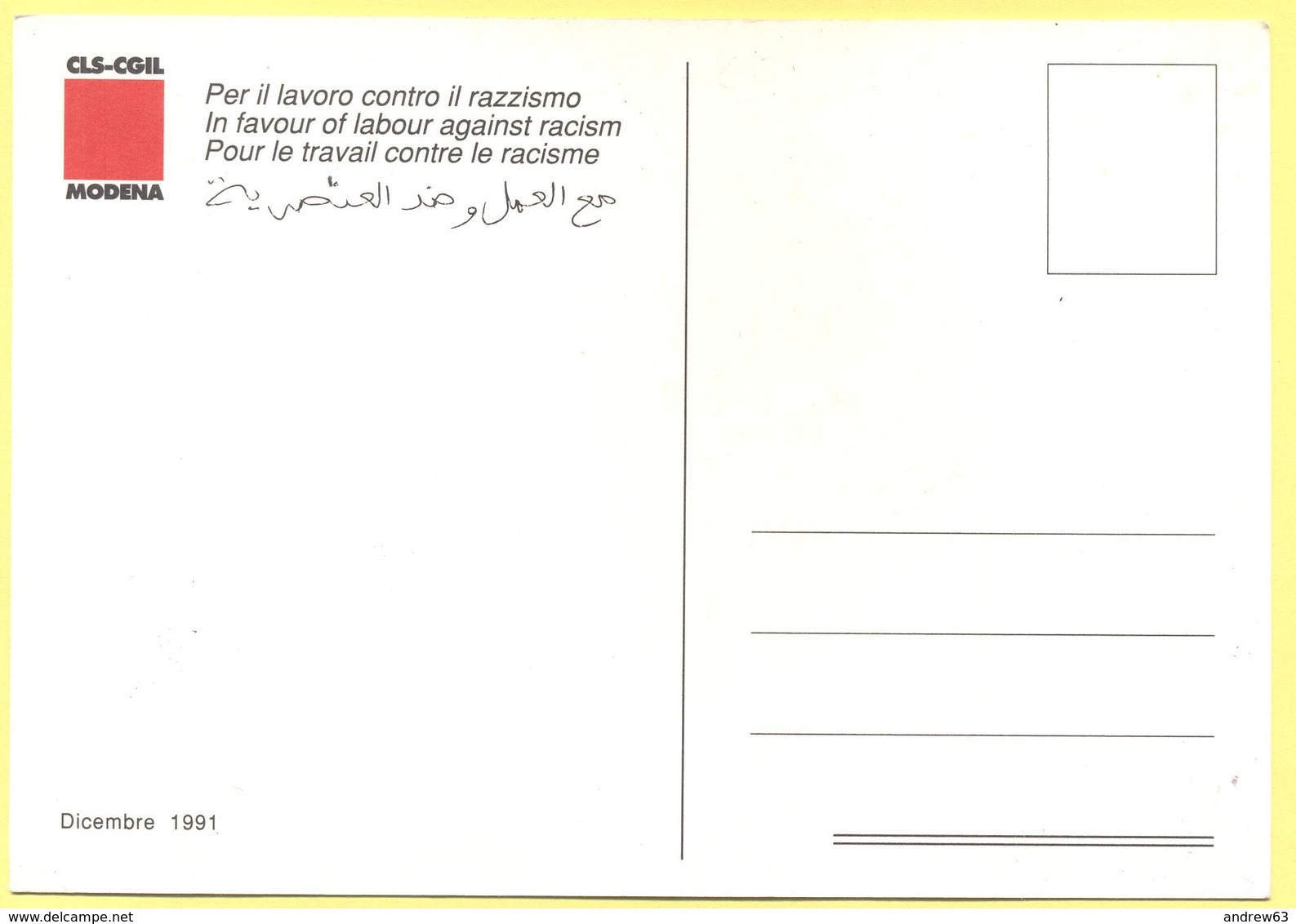 Tematica - Sindacati - CLS-CGIL - 1991 - Per Il Lavoro Contro Il Razzismo - Modena - Not Used - Sindacati
