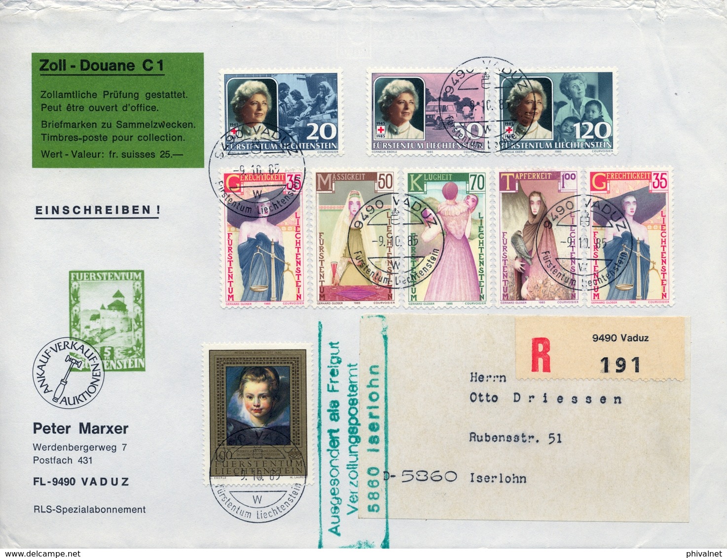 1985 , LIECHTENSTEIN , SOBRE CERTIFICADO , VADUZ - ISELOHN , FRANQUEO MÚLTIPLE, FORMATO 23X16,5 - Covers & Documents